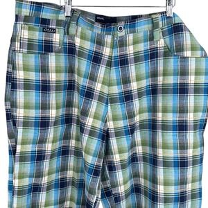 Qruel Jeans Company Mens Blue Green Plaid Cotton Shorts Size 42 Relaxed Fit